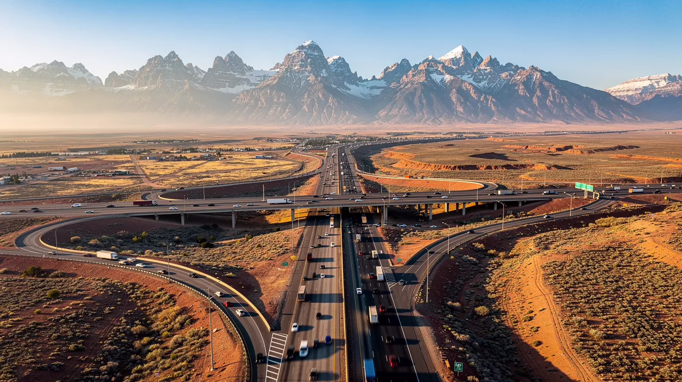 provo motorcycle accident lawyer 2 An aerial view showcases a busy highway interchange winding through a Utah valley, framed by majestic mountains in the background. This scene highlights the potential for motorcycle collisions, emphasizing the importance of skilled legal representation for injured riders navigating personal injury claims and seeking fair compensation for medical expenses and serious injuries.