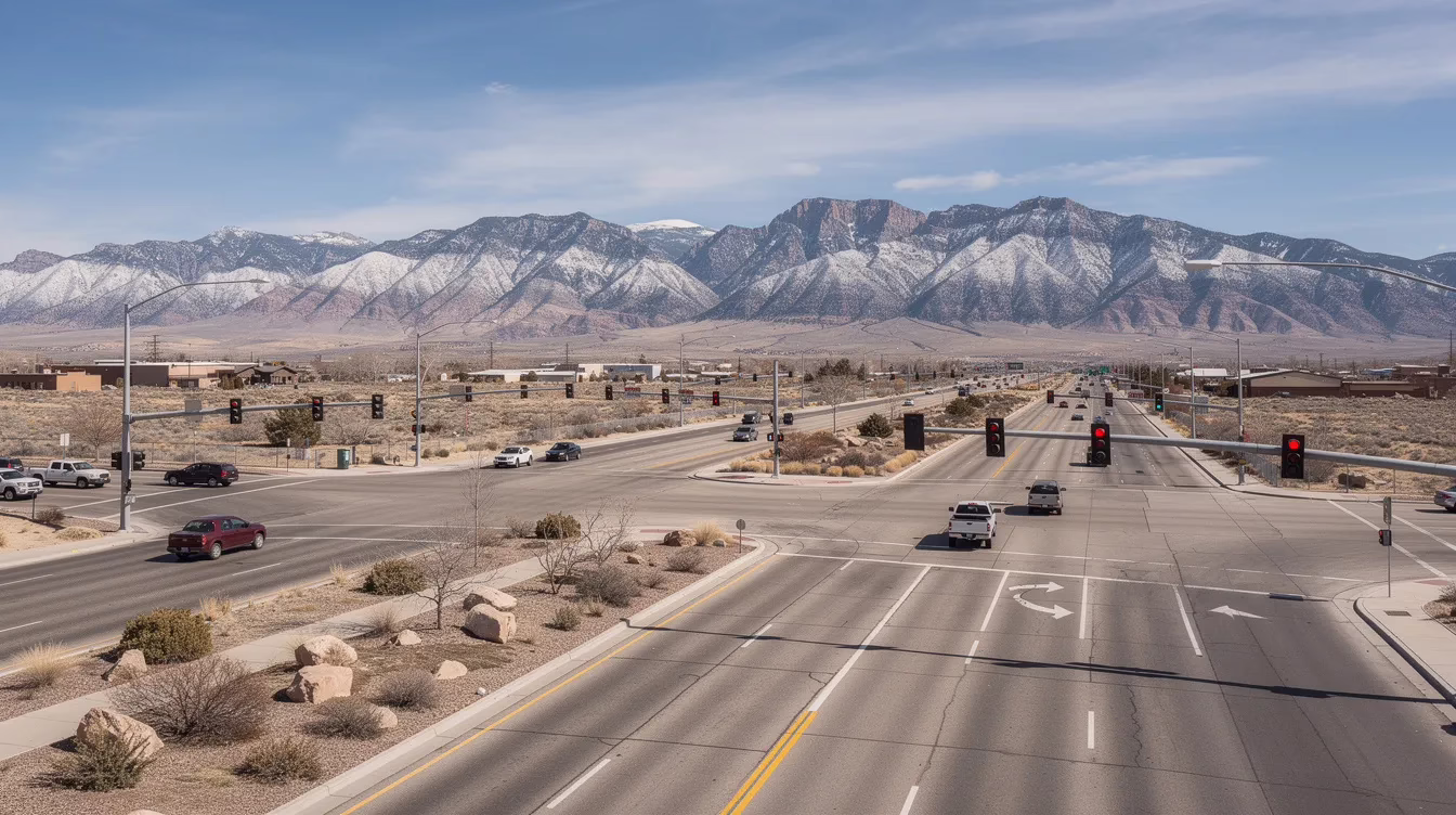 provo motorcycle accident lawyer 3 The image depicts a wide intersection in Utah County, featuring traffic signals and a clear view of mountains in the distance. This scene highlights the importance of road safety, particularly for motorcycle riders who may face serious injuries in collisions at such busy intersections.