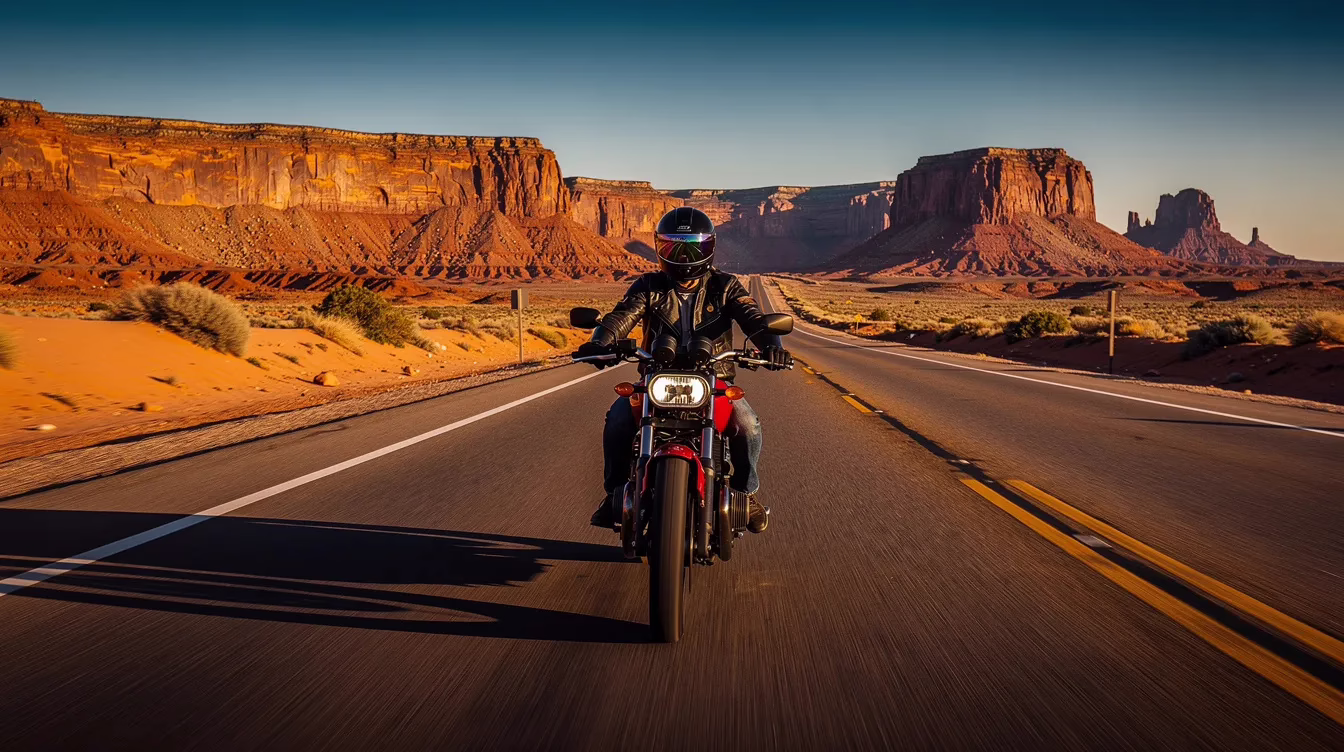 utah motorcycle helmet law 1 A motorcyclist is riding down a desert highway, surrounded by striking red rock formations, highlighting the beauty of the landscape. The rider is wearing a motorcycle helmet, emphasizing the importance of motorcycle helmet laws and safety while navigating public roads.