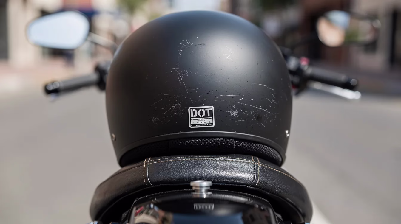 utah motorcycle helmet law 2 A close-up view of a DOT-approved motorcycle helmet is placed on the seat of a parked motorcycle, emphasizing the importance of wearing protective headgear for motorcycle safety. This image highlights the necessity of adhering to helmet laws to protect riders from head injuries in the event of a motorcycle crash.