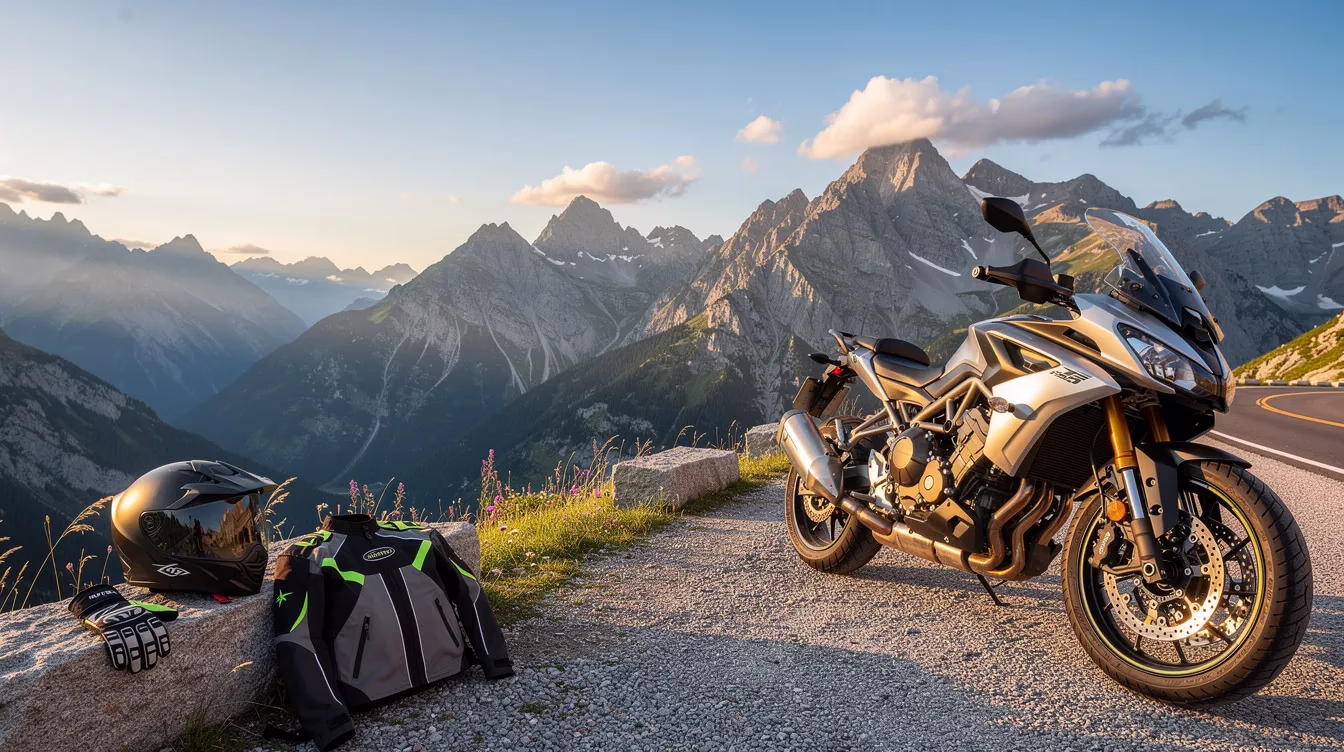 utah motorcycle helmet law 3 A motorcycle is parked at a scenic mountain overlook, with a helmet placed nearby, emphasizing the importance of motorcycle safety and the need to wear protective headgear. The image captures the serene landscape, highlighting the appeal of riding while also reminding riders of helmet laws and the benefits of wearing a helmet for protection.
