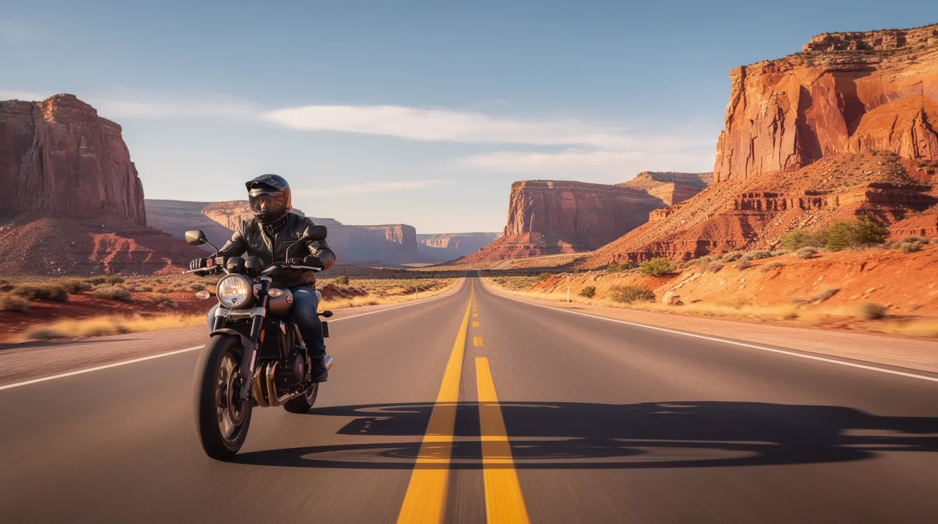 Un motorista circula por una amplia y abierta carretera de Utah, con impresionantes formaciones rocosas rojas al fondo. La escena captura la esencia de conducir en moto por Utah, poniendo de relieve la libertad que ofrece la carretera y la importancia de la seguridad, lo que incluye el cumplimiento de la ley sobre el uso del casco y disponer de un carné de conducir válido.