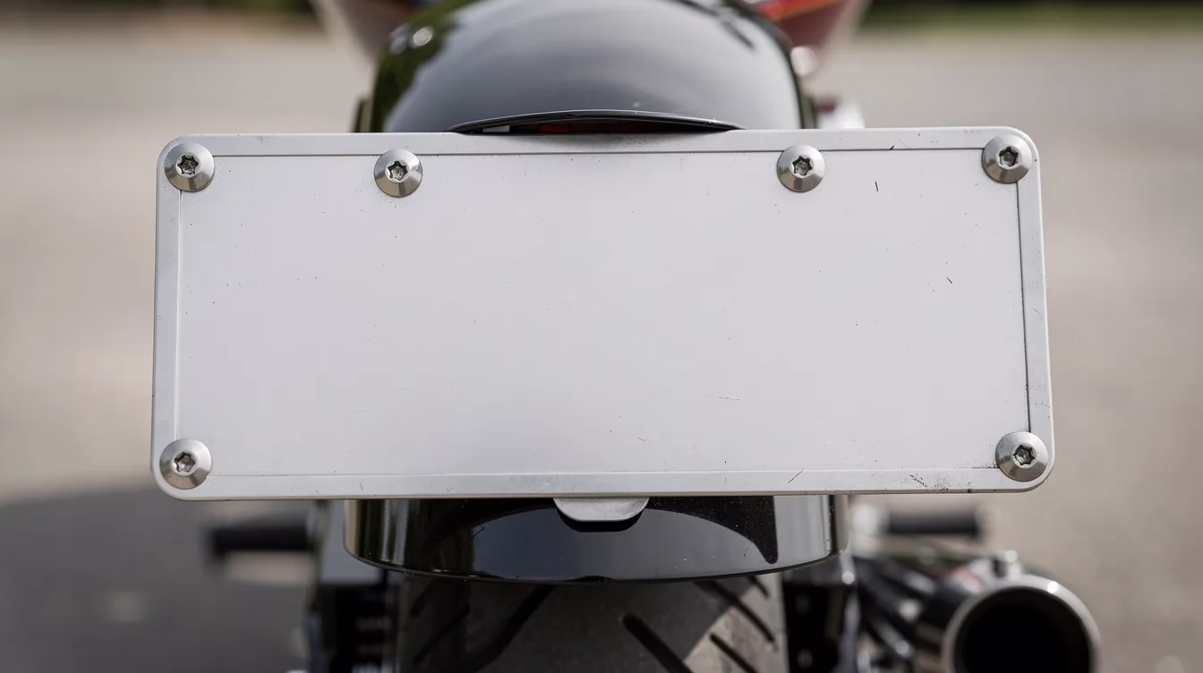 Se muestra un primer plano de una matrícula de motocicleta, correctamente colocada en posición horizontal en el guardabarros trasero. Esta imagen pone de relieve la importancia de cumplir la normativa de Utah sobre motocicletas, incluido el requisito de disponer de un permiso de conducir válido y un seguro de responsabilidad civil para circular con seguridad por las vías públicas.