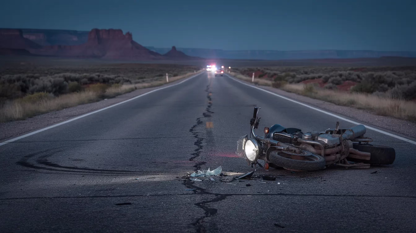 La imagen muestra el lugar de un accidente de motocicleta en una carretera rural de Utah, con luces de emergencia parpadeando en la distancia. Se ve a los servicios de emergencia en el lugar, y la zona presenta signos de una colisión de motocicletas, lo que pone de relieve la importancia de recibir atención médica inmediata y la necesidad de intercambiar los datos del seguro entre las partes implicadas.