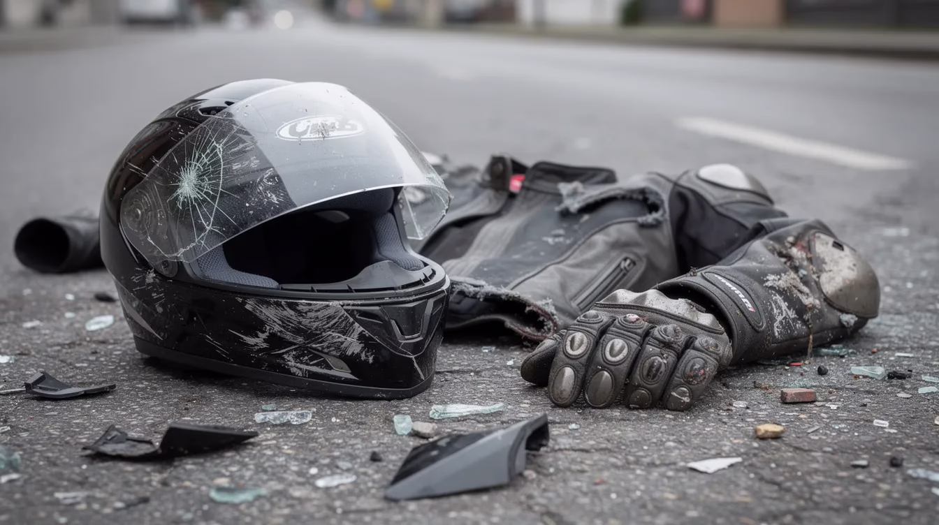 La imagen muestra un casco de moto dañado y equipo de protección esparcidos por el asfalto, rodeados de restos dispersos provocados por un accidente de moto. Esta escena pone de relieve las consecuencias de un accidente de moto, haciendo hincapié en la importancia de la seguridad y en la necesidad de atención médica inmediata para cualquier víctima implicada en el accidente.