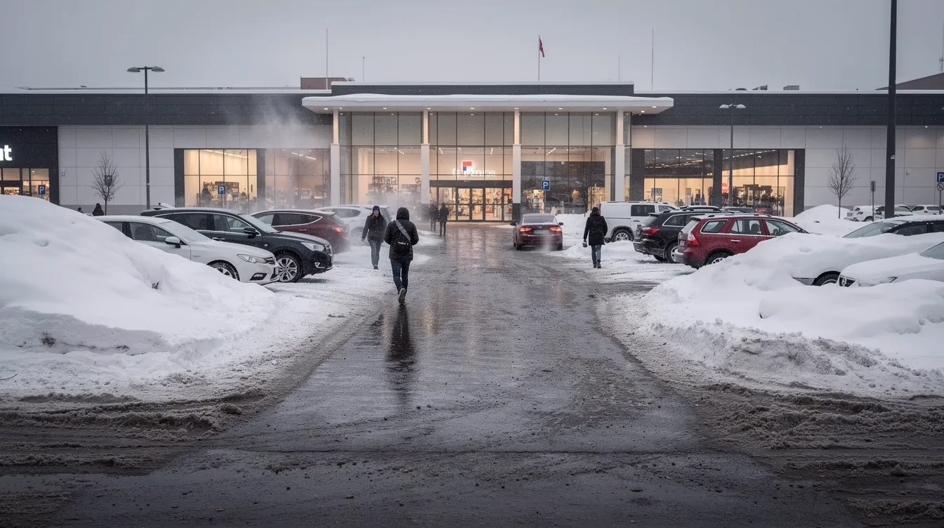 La imagen muestra una escena invernal en el aparcamiento de un centro comercial, con los pasillos despejados y la nieve amontonada a los lados, lo que crea una atmósfera serena pero fría. Este escenario pone de relieve la importancia de actuar con la debida precaución en los espacios públicos, ya que los accidentes por resbalones y caídas pueden provocar lesiones graves, lo que justifica recurrir a la experiencia de abogados especializados en daños personales para obtener representación legal.