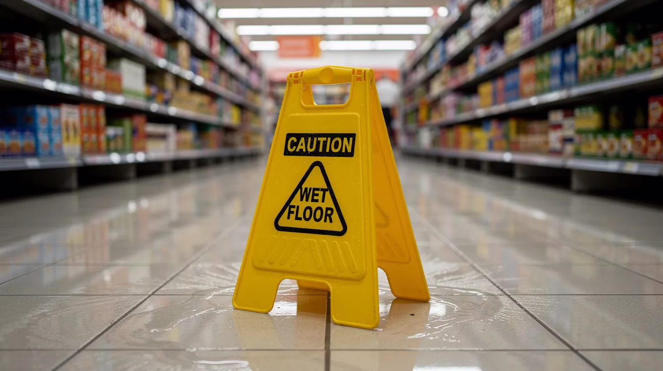 La imagen muestra el suelo mojado en un pasillo de una tienda de alimentación, iluminado por intensas luces fluorescentes del techo, con una señal de precaución cercana que advierte del peligro de resbalones. Esta escena pone de relieve la posibilidad de que se presente una reclamación por responsabilidad civil del propietario si este no garantiza unas condiciones seguras, lo que podría provocar lesiones graves a los clientes.