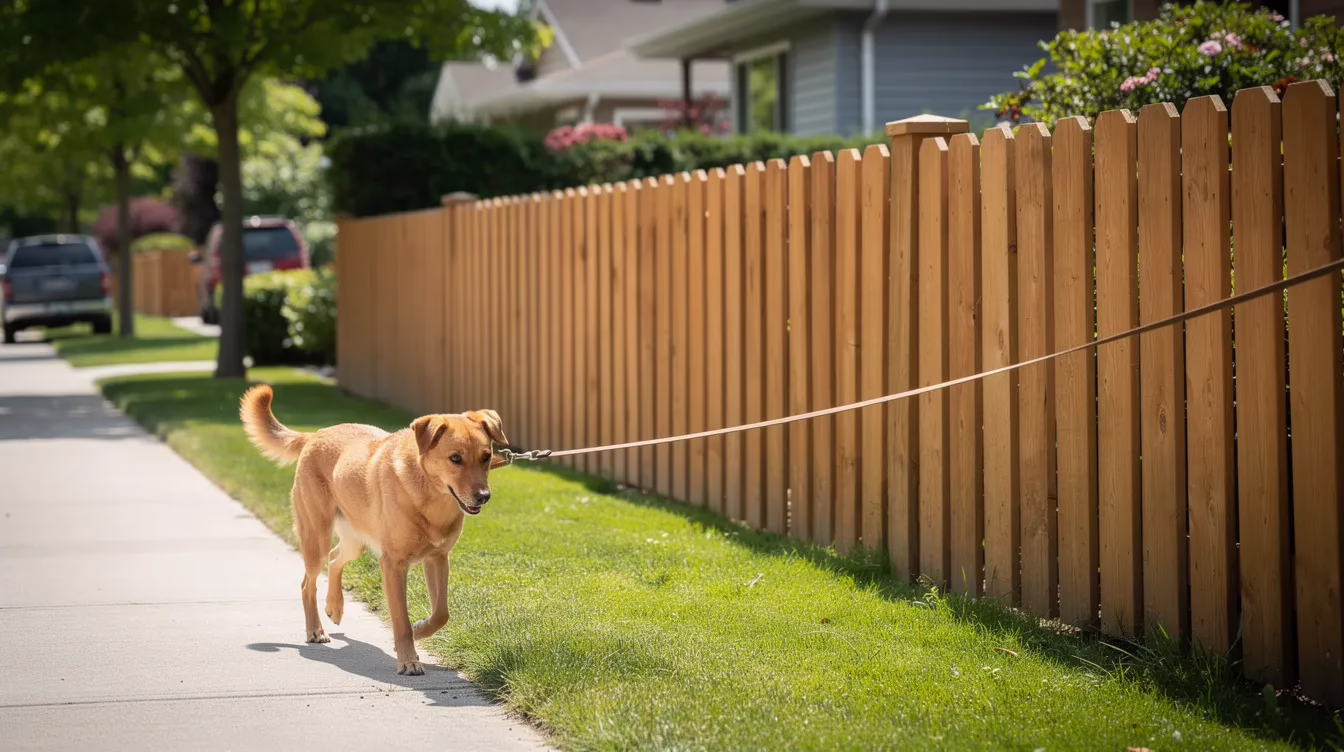 Un perro amistoso, atado con una correa, pasea por una acera de un barrio residencial, con una valla de madera de una vivienda como fondo. Esta escena pone de relieve la importancia de tener un perro de forma responsable, ya que las reclamaciones por mordeduras de perro pueden deberse a un comportamiento agresivo, lo que subraya la necesidad de que los propietarios se aseguren de que sus mascotas se comporten correctamente para evitar posibles incidentes de mordeduras.