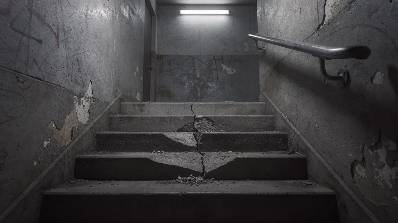 Una escalera de hormigón con poca luz, en la que se aprecia un peldaño agrietado y falta el pasamanos, lo que pone de manifiesto unas condiciones peligrosas que podrían provocar un accidente por resbalón y caída.