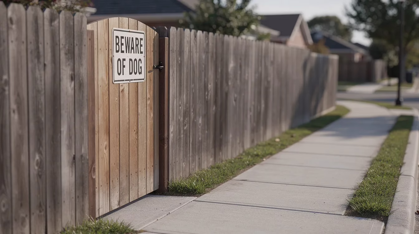 La imagen muestra una acera residencial con una verja de madera en la que se ve un cartel que dice «Cuidado con el perro», que advierte a los transeúntes del riesgo de posibles ataques de perros. Este cartel sirve para recordar las responsabilidades que tienen los propietarios de perros según la legislación de Utah sobre mordeduras de perro, y hace hincapié en la importancia de la seguridad y la concienciación respecto a las lesiones causadas por mordeduras de perro.
