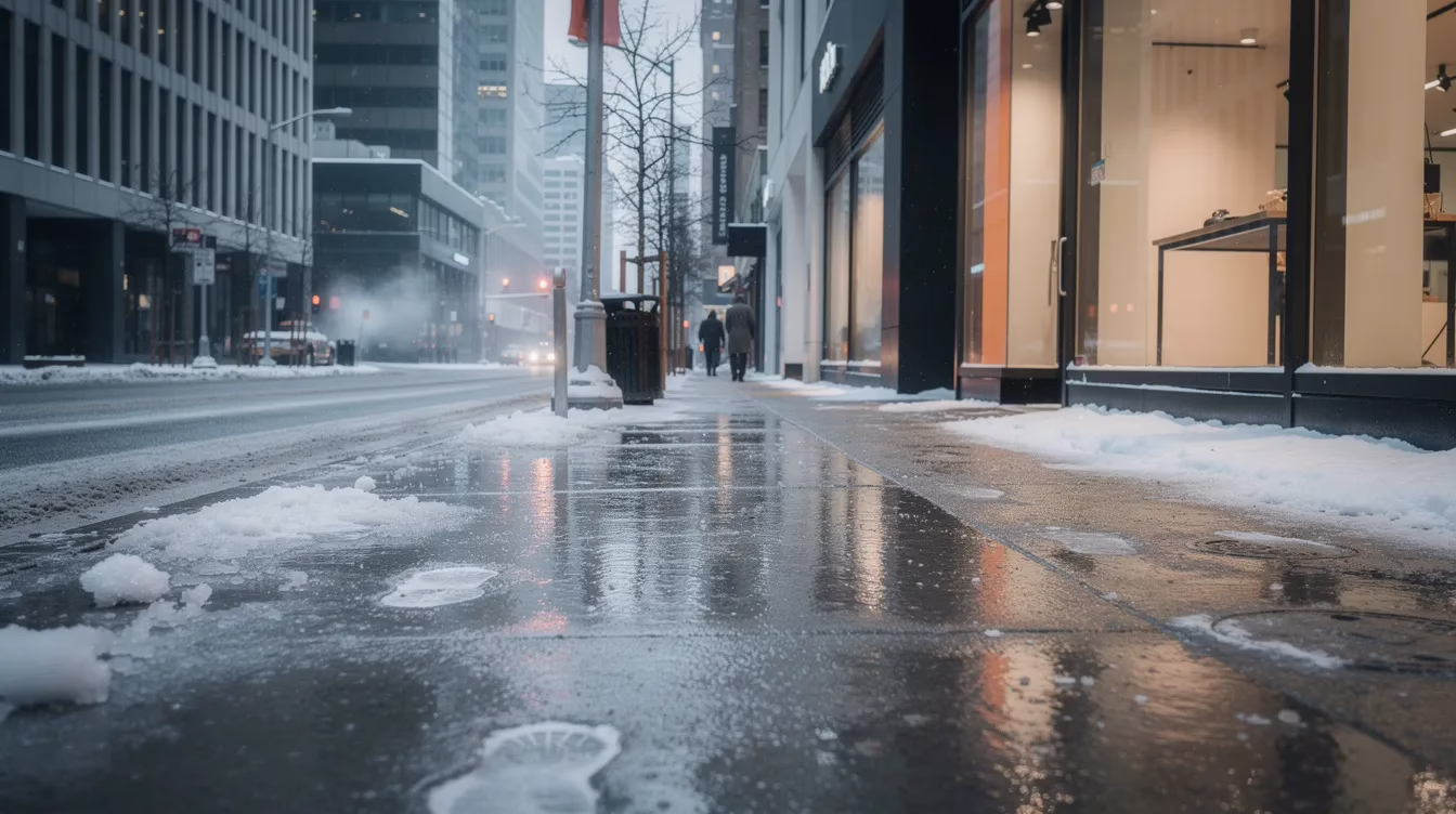 La imagen muestra una acera helada frente a un edificio comercial del centro de la ciudad en invierno, lo que pone de relieve los posibles riesgos que pueden provocar accidentes por resbalones y caídas. Esta escena sirve para recordar a las víctimas de lesiones en Salt Lake City que deben solicitar asistencia jurídica a un abogado especializado en lesiones personales para reclamar una indemnización justa por cualquier lesión grave que hayan sufrido.
