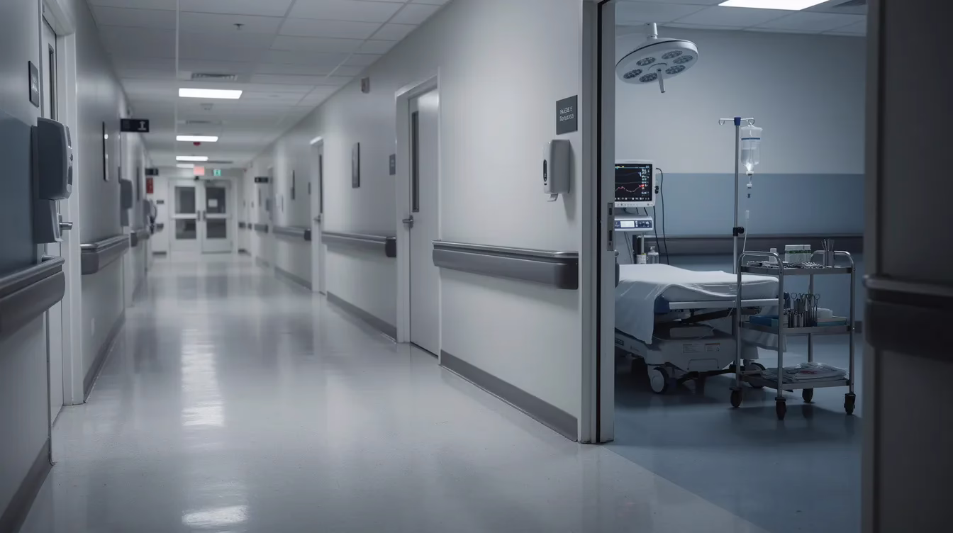 La imagen muestra un pasillo de hospital vacío, en el que se divisa material médico a través de una puerta abierta, lo que pone de relieve el entorno clínico en el que se tratan lesiones graves, como los accidentes por resbalones y caídas. Este escenario sirve para recordar el riesgo potencial de sufrir lesiones por caídas y la importancia de acudir al médico ante cualquier riesgo significativo asociado a este tipo de incidentes.