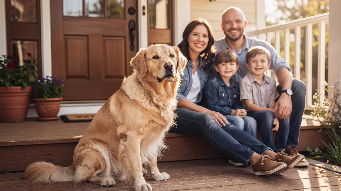 A large, calm dog is sitting on a front porch next to a smiling family, showcasing the bond of responsible pet ownership. The scene emphasizes the importance of proper training and socialization to prevent aggressive behavior in certain dog breeds.