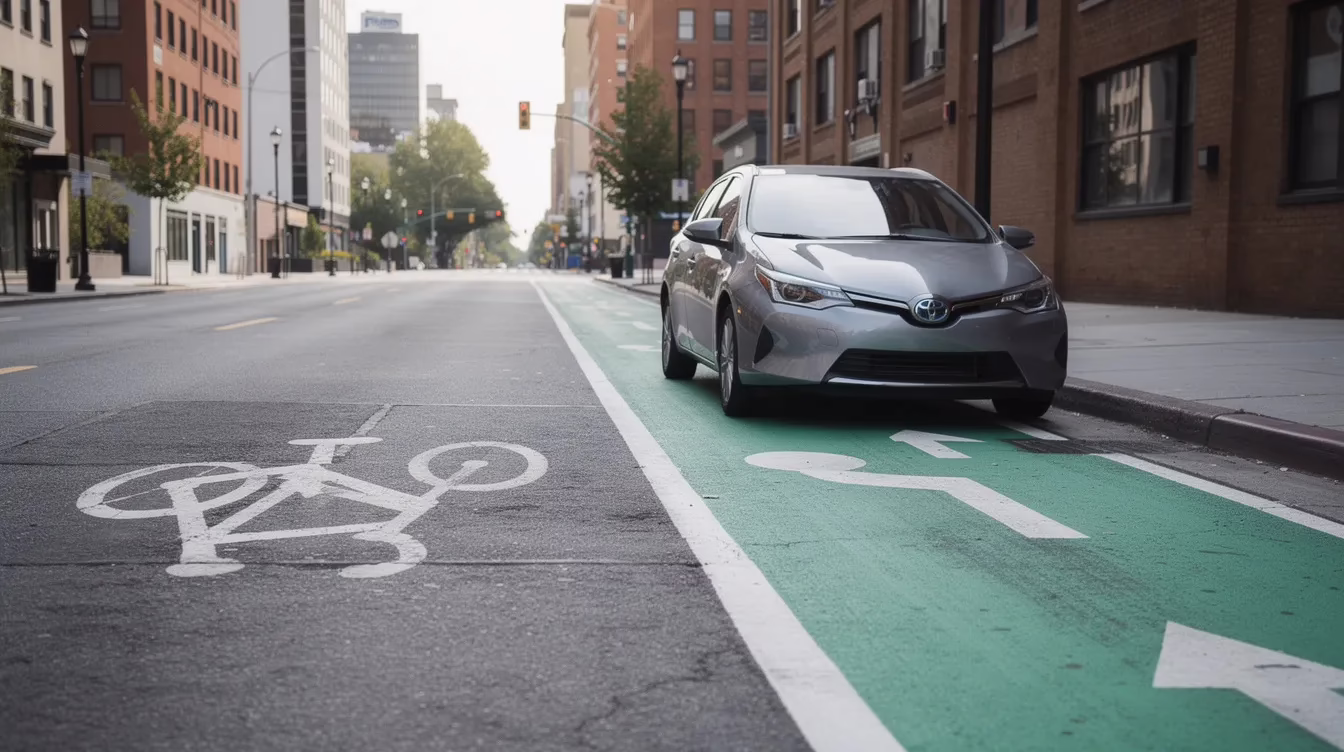 299b675d-7847-4086-926f-1b6fb7861d3e The image depicts a quiet urban street featuring clearly marked bike lanes alongside a parked car, highlighting the importance of safe cycling environments. This scene serves as a reminder of the need for adequate bike lanes to protect cyclists and prevent bicycle accidents, which can lead to serious injuries and medical expenses.