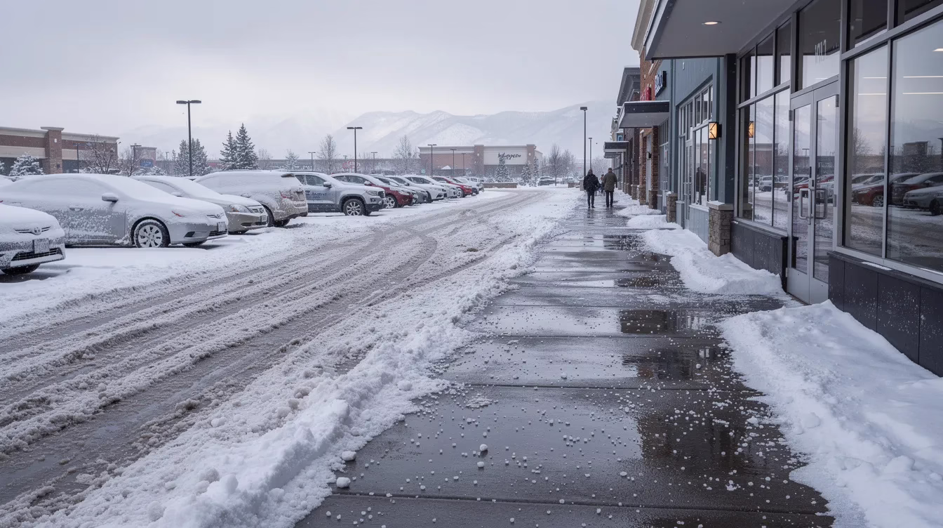 The image depicts a snowy commercial parking lot in a northern Utah city, with a salted walkway running alongside various storefronts, providing a safe path for pedestrians. This scene highlights the importance of legal representation for injury victims, especially in cases of accidents caused by negligence in winter conditions.