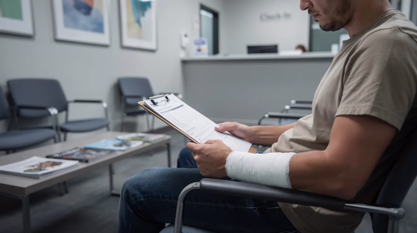 Una persona está sentada en la sala de espera de un centro médico, con unos documentos en la mano y el antebrazo vendado, lo que indica que ha sufrido recientemente una mordedura de perro. El vendaje visible sugiere la necesidad de atención médica inmediata para prevenir una infección y garantizar un tratamiento adecuado.