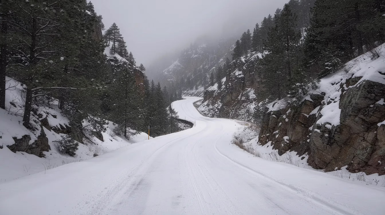 561a70c3-0547-402e-82fe-9a12f7f46647 A snow-covered mountain road winds through a scenic canyon, flanked by tall pine trees, creating a serene winter landscape. This picturesque view may remind one of the challenges faced by personal injury victims navigating the legal process after an accident.