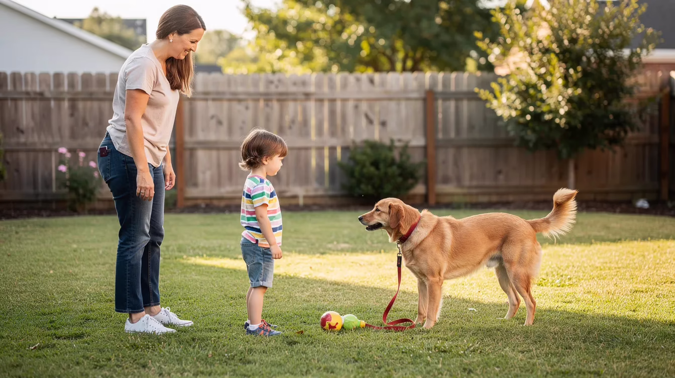 A child stands at a safe distance from a dog in a backyard, while an adult supervises nearby, emphasizing responsible pet ownership and the importance of understanding dog body language to prevent dog bite incidents. The scene highlights the need for proper socialization and training of individual dogs, particularly with certain breeds that may exhibit aggressive behavior.