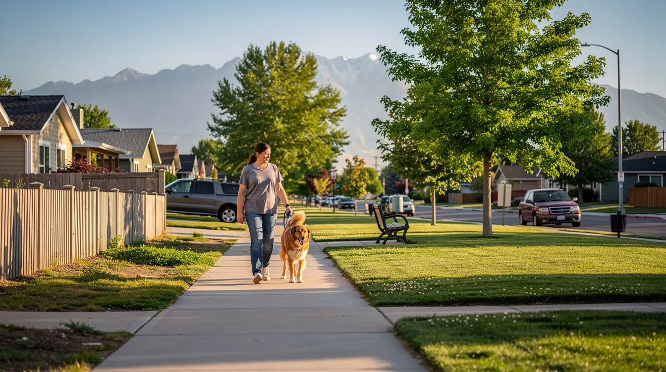 A residential sidewalk in Salt Lake City features a person walking a dog on a leash, with a park visible in the background. This scene highlights the importance of responsible dog ownership to prevent dog bite incidents and protect the safety of dog bite victims in the community.
