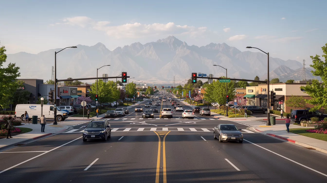 8407b9e8-8ade-4d71-b689-04f9750747fa A busy intersection on a wide suburban road features multiple vehicles navigating the traffic, with mountains prominently visible in the background. This scene serves as a reminder of the potential for personal injury cases that may arise from motor vehicle collisions in such bustling areas.