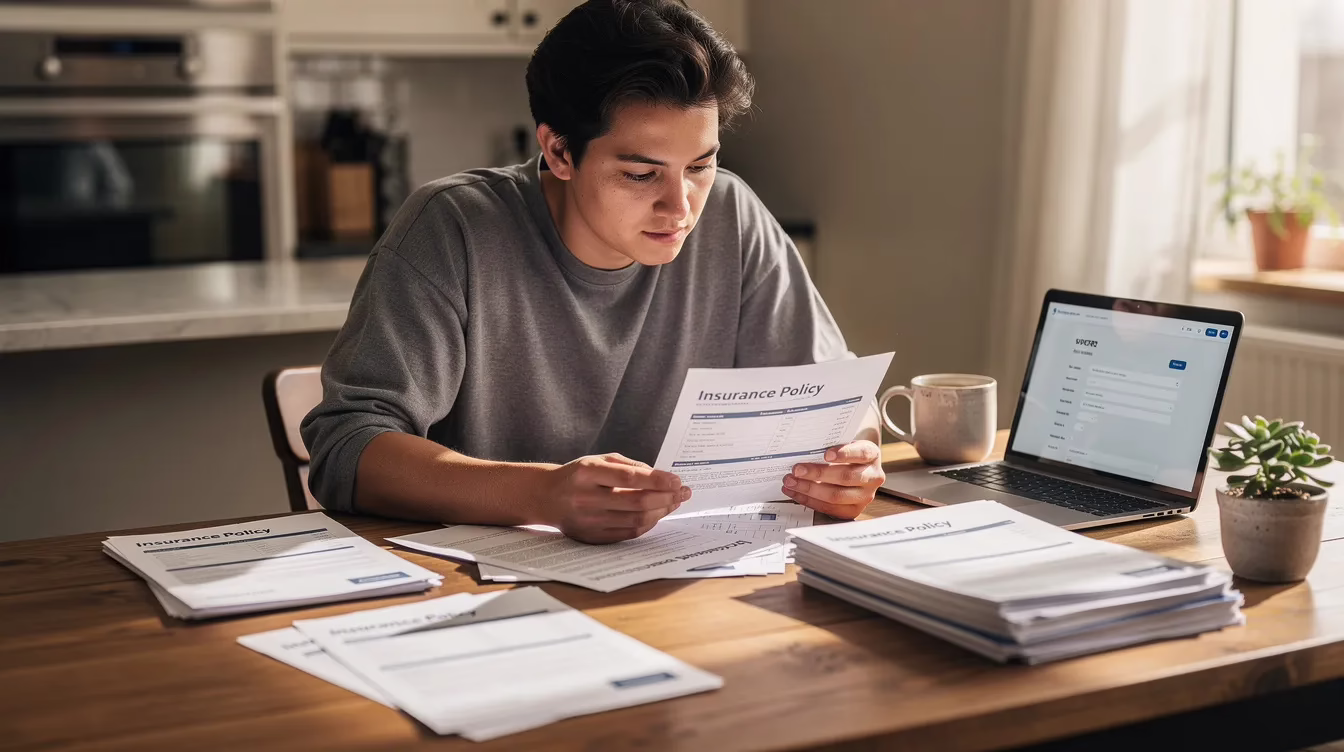 A person is seated at a kitchen table, carefully reviewing various homeowners insurance documents, which include details about personal liability coverage and potential claims for medical expenses. The scene reflects the importance of understanding homeowners insurance policies and the financial protection they provide against liability claims and personal injuries.