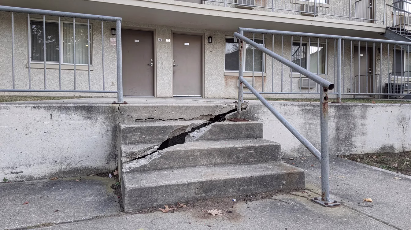 La imagen muestra una pasarela exterior de un complejo de apartamentos, en la que se aprecia un escalón de hormigón agrietado y un tramo en el que falta la barandilla, lo que pone de manifiesto una situación de inseguridad que podría provocar lesiones graves. Esta situación puede ser relevante en casos de responsabilidad civil por las instalaciones, en los que el propietario podría ser considerado responsable por negligencia si alguien resultara herido en su propiedad debido a este tipo de riesgos.