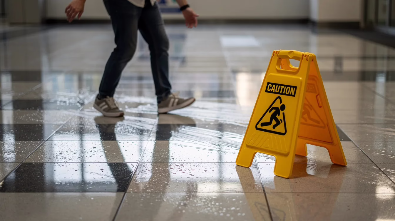Una persona camina con cuidado sobre un suelo de baldosas mojado, junto a una señal de precaución de color amarillo brillante que advierte de que la superficie está resbaladiza. Esta escena pone de relieve el riesgo de sufrir accidentes por resbalones y caídas, que pueden provocar lesiones graves, como fracturas óseas o traumatismos craneales.