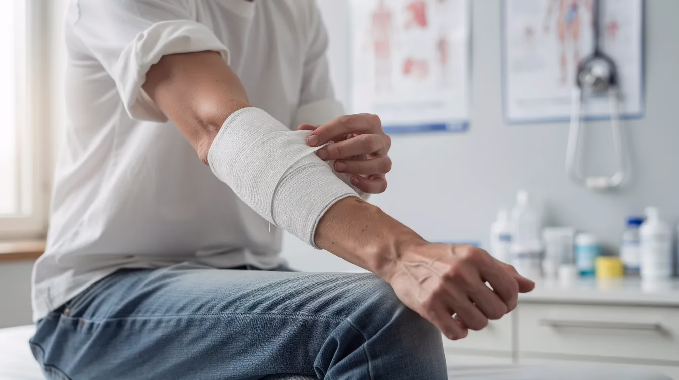Una persona está sentada en una consulta médica, envolviéndose con cuidado el antebrazo con una venda, lo que indica que ha sufrido una mordedura de perro. Esta escena pone de relieve la importancia de conocer la legislación sobre mordeduras de perro en Utah, donde los propietarios de perros pueden ser considerados responsables de las lesiones causadas por sus mascotas.