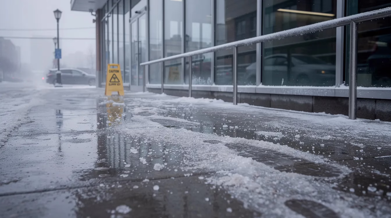 Una acera helada frente a un edificio comercial en invierno, con sal esparcida por el suelo para evitar accidentes por resbalones y caídas.
