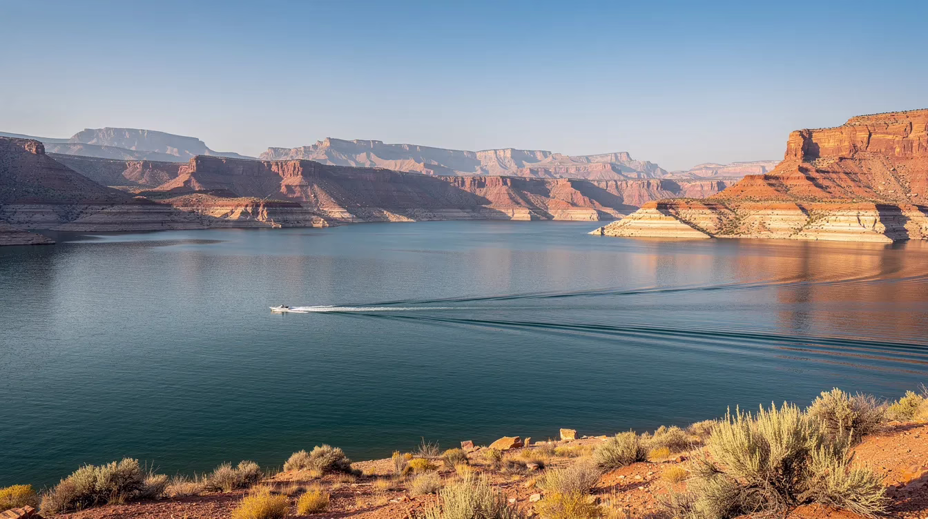 A panoramic view of a Utah reservoir showcases serene waters with distant mountains in the background, while a single motorboat glides across the surface. This scene reflects the beauty of Utah boating, but also serves as a reminder of the importance of safety equipment to prevent boating accidents and the need for a Utah boating accident lawyer in case of any incidents.