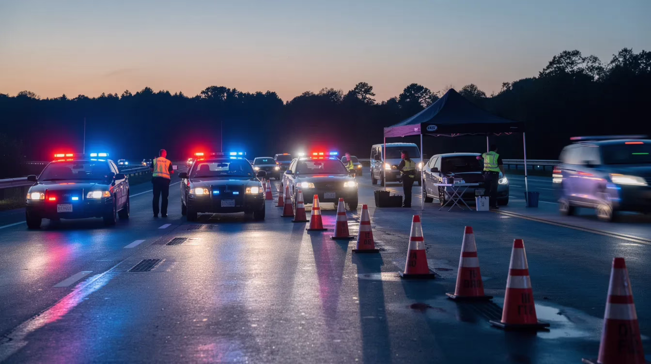 Are DUI Checkpoints Legal in Utah? 1 The image shows a police checkpoint station on a highway at dusk, featuring traffic cones and flashing lights as law enforcement officers screen drivers for sobriety. This setup is part of efforts to deter drunk driving and ensure public safety through lawful DUI checkpoints.