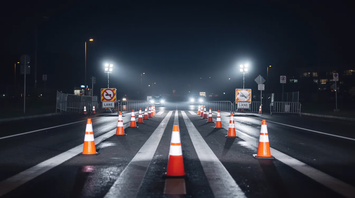 Are DUI Checkpoints Legal in Utah? 2 The image shows a dimly lit road at night where traffic cones are set up to guide vehicles into a single lane at a DUI checkpoint. Police officers are present, ready to screen drivers for signs of impairment and ensure public safety during the traffic stop.