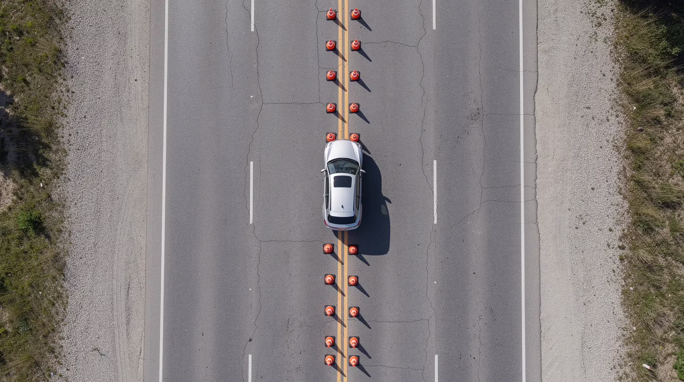 Are DUI Checkpoints Legal in Utah? 3 An overhead view shows a two-lane road with a vehicle approaching a DUI checkpoint area, indicated by traffic cones. Police officers are present to screen drivers for signs of impairment, ensuring public safety and compliance with DUI laws.