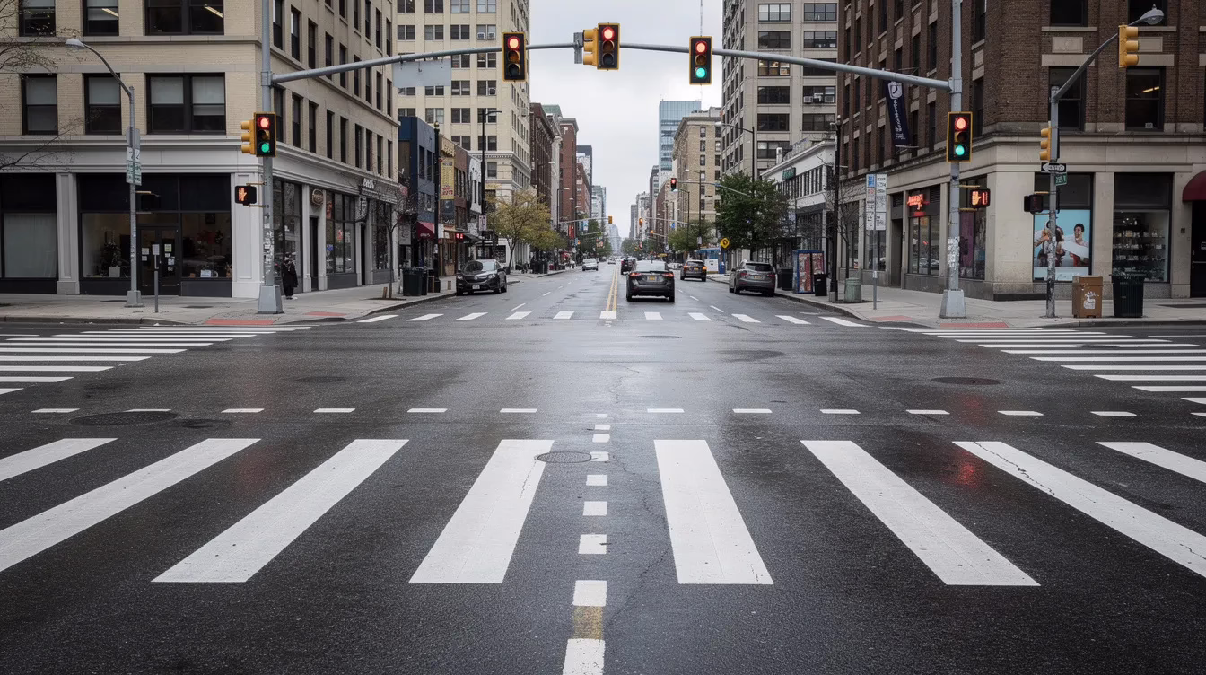The image depicts a crosswalk on an urban street, featuring clearly painted lines on the pavement and traffic signals directing pedestrian movement. This scene highlights the importance of pedestrian safety, as accidents can occur at such locations, potentially leading to pedestrian accident claims and significant medical bills for injured individuals.
