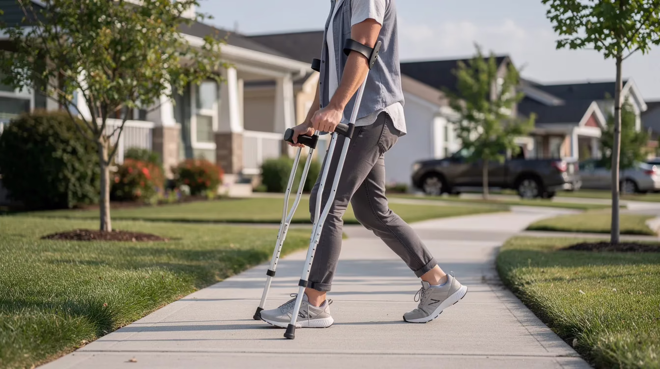 A person using crutches is walking along a paved sidewalk in a quiet residential neighborhood, highlighting the challenges faced by injured pedestrians. This scene serves as a reminder of the importance of pedestrian safety and the potential need for legal representation in pedestrian accident claims.