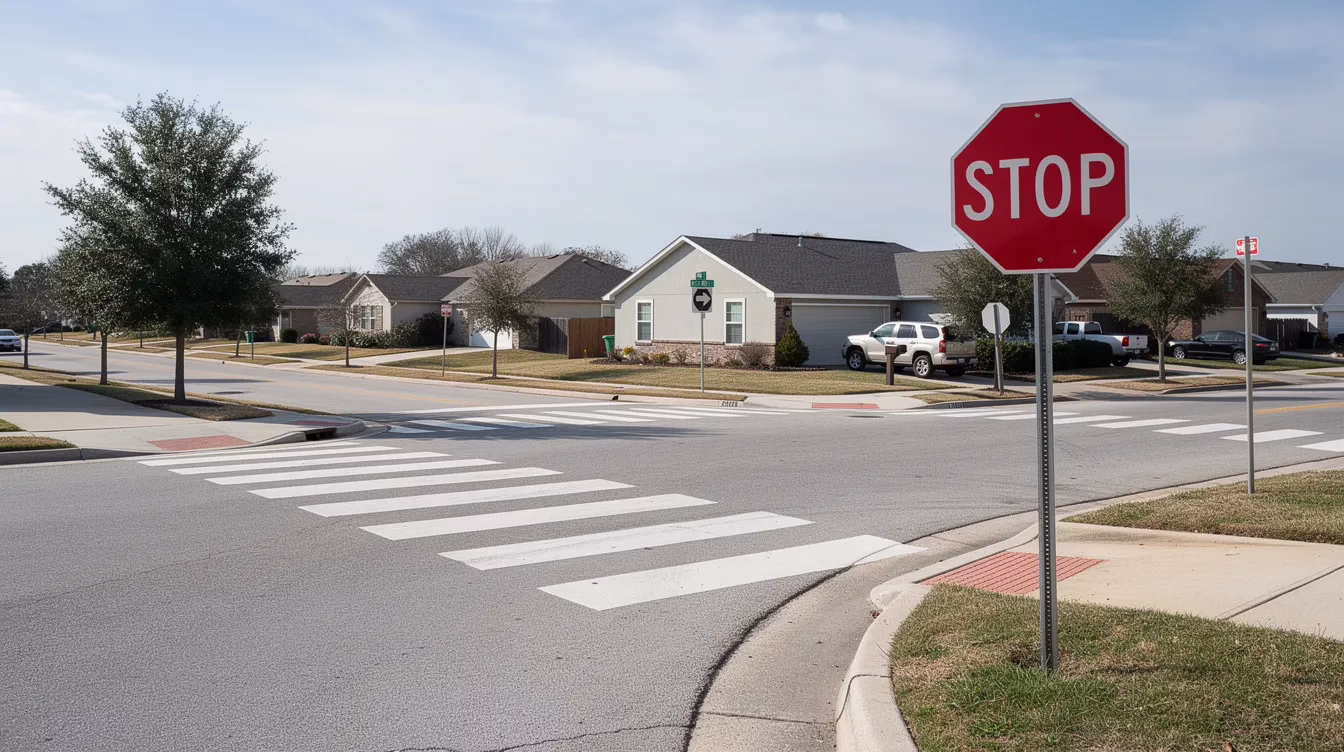A quiet intersection features a stop sign and clear pedestrian crossing markings on the road, emphasizing the importance of safety for pedestrians. This scene serves as a reminder of the potential risks of pedestrian accidents, where individuals may face medical bills and lost wages if involved in a collision with a car.