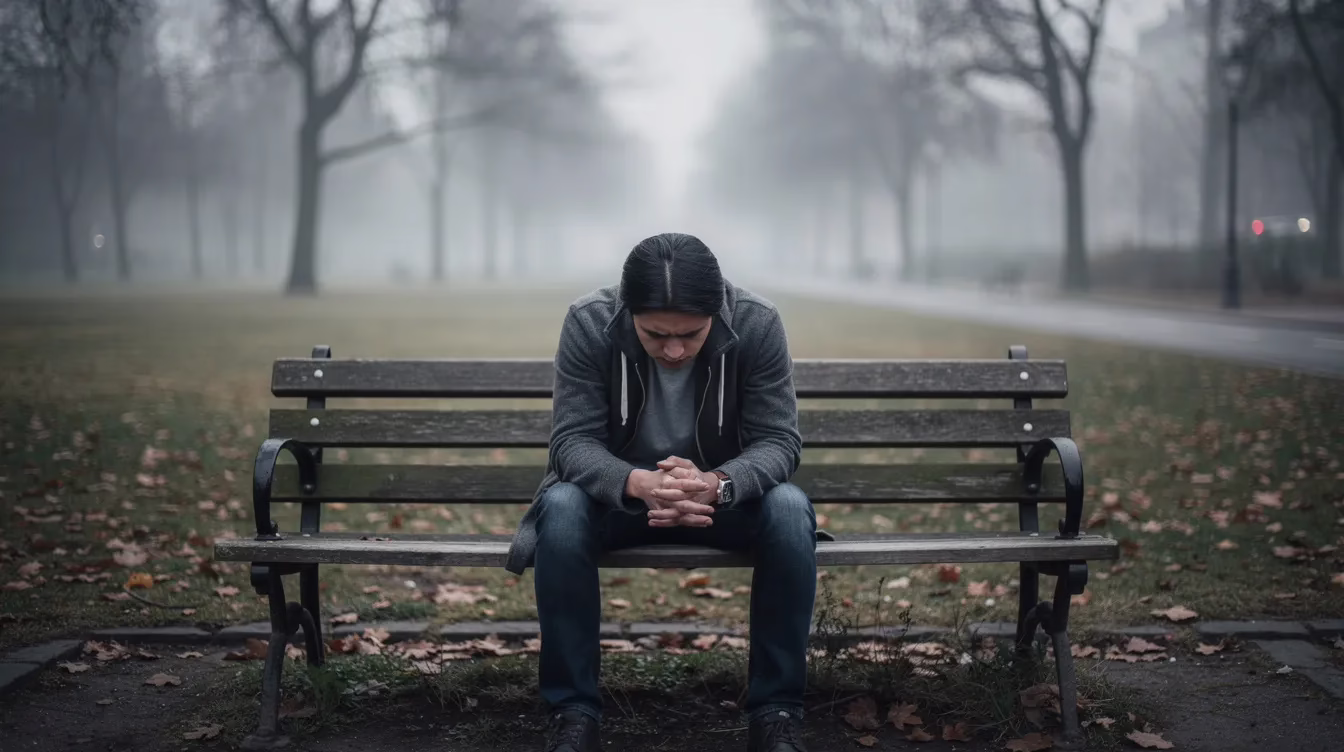 A person sits alone on a park bench, their expression reflecting severe emotional distress as they gaze thoughtfully into the distance. The tranquil surroundings contrast with the individual's visible emotional suffering, suggesting they may be grappling with a traumatic event or psychological harm.