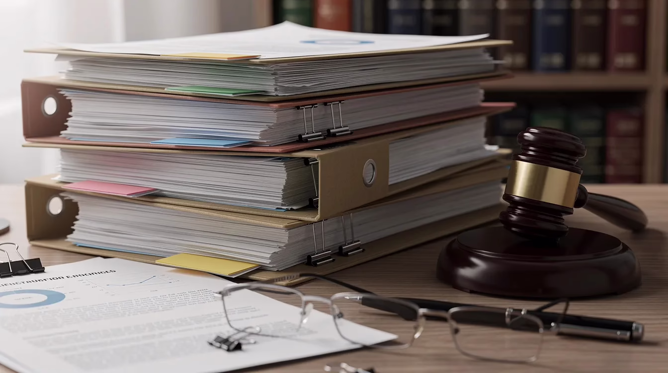 The image shows a stack of legal documents and medical files on a desk, with a gavel placed nearby, symbolizing the connection between personal injury claims and the documentation needed to prove emotional distress and psychological harm in court. This setup reflects the serious nature of legal proceedings involving emotional suffering and the importance of thorough evidence in personal injury lawsuits.