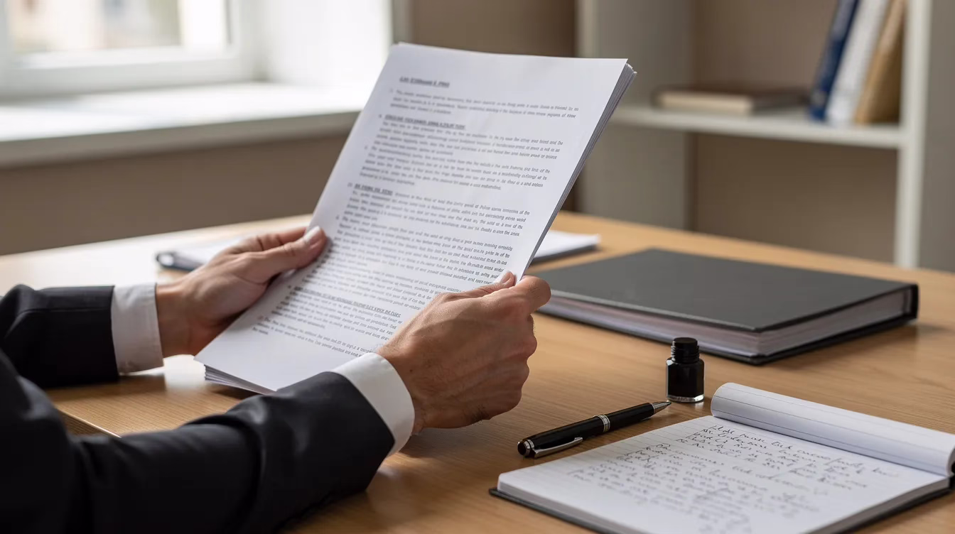 A person sits at a desk reviewing legal documents, equipped with a pen and notepad, suggesting they may be preparing for a personal injury case. This scene reflects the meticulous work involved in personal injury law, including gathering evidence and understanding attorney fees.