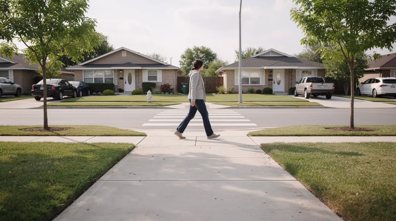 A pedestrian is crossing a quiet residential street at an intersection, utilizing an unmarked crosswalk with visible sidewalks on both sides. The scene emphasizes the importance of obeying Utah pedestrian laws, as the person navigates the roadway while being aware of oncoming traffic.