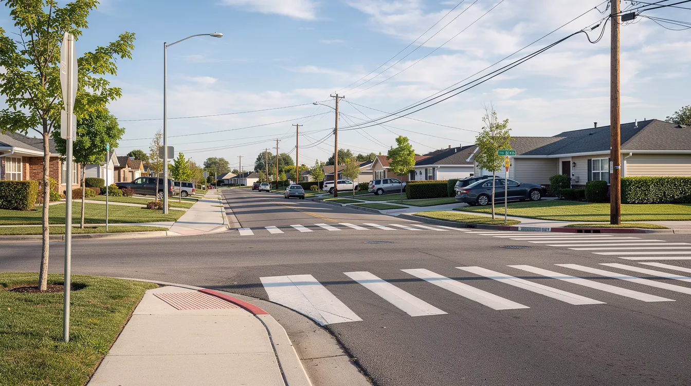 The image depicts a suburban street featuring a sidewalk, curb, and an unmarked crosswalk at a roadway intersection, illustrating the importance of pedestrian safety in accordance with Utah pedestrian laws. Nearby, vehicle drivers are advised to yield the right of way to pedestrians crossing the street, ensuring compliance with traffic control signals.