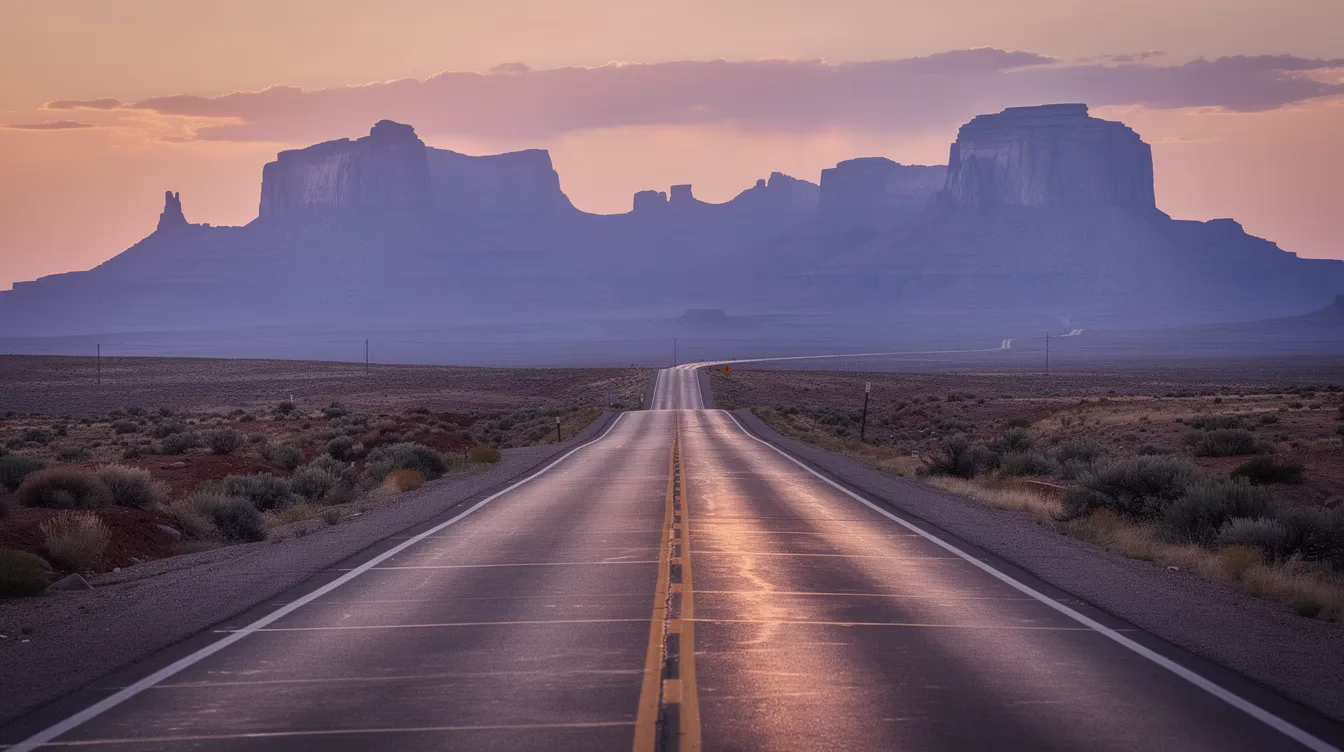 The image depicts a serene Utah highway at dusk, with majestic mountains in the background and an empty road stretching into the distance, symbolizing the quiet yet potentially dangerous reality of impaired driving and the importance of understanding drunk driving statistics in Utah. This peaceful scene contrasts sharply with the harsh realities of alcohol-related crash fatalities and the need for awareness around legal blood alcohol concentration limits.