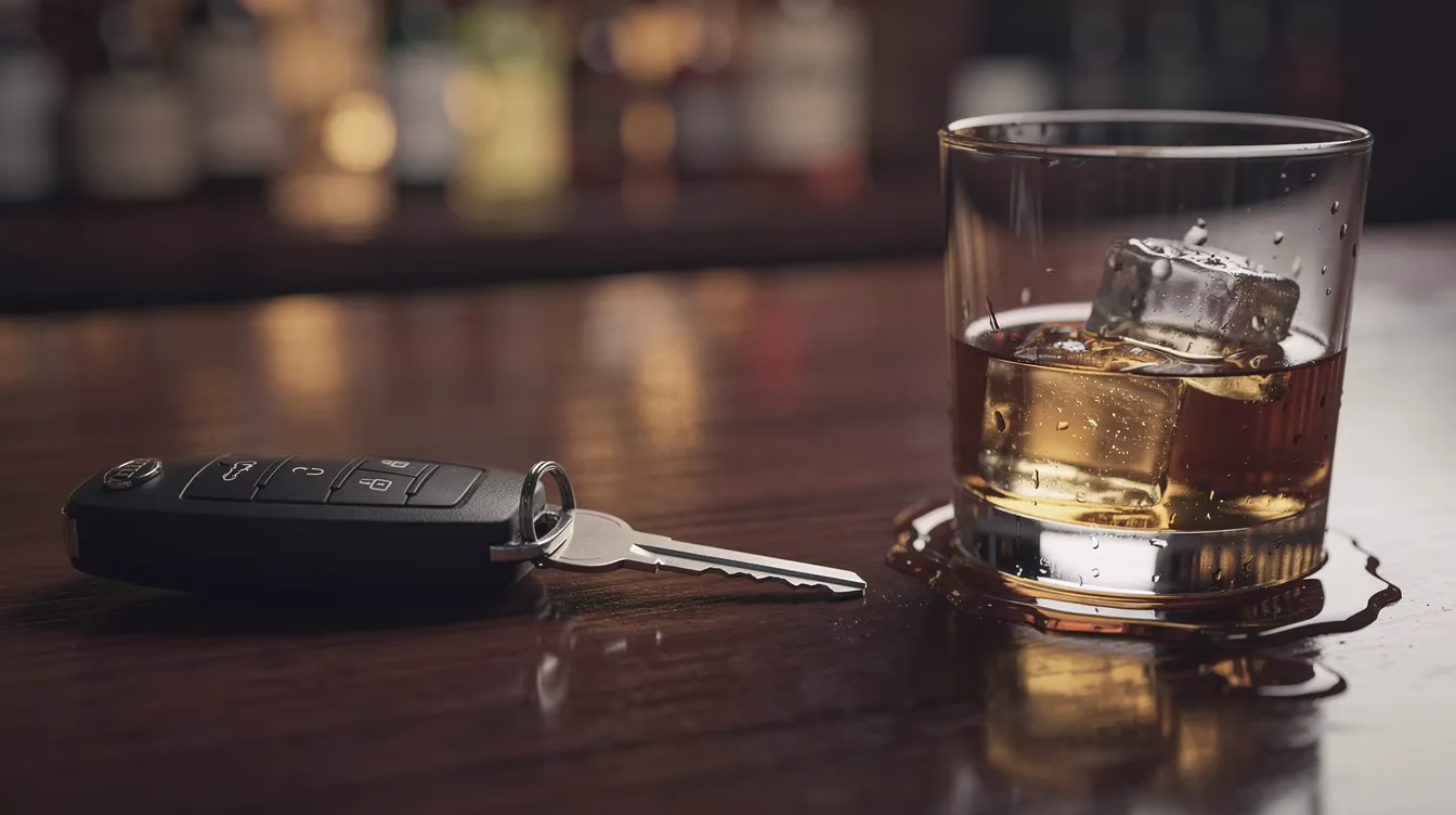 A close-up of car keys lies on a bar counter beside a partially empty glass, highlighting the potential dangers of impaired driving. This scene serves as a reminder of the risks associated with alcohol consumption and the legal blood alcohol concentration limits that can lead to drunk driving fatalities.