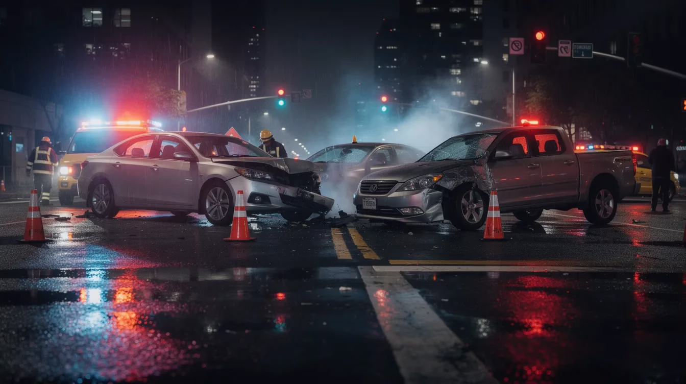 La imagen muestra una escena en un cruce en la que dos vehículos accidentados están iluminados por las luces intermitentes de emergencia de los coches de policía, que se reflejan en el asfalto mojado por la noche. Este accidente, en el que se sospecha que hubo conducción bajo los efectos del alcohol, pone de relieve las graves consecuencias de conducir ebrio, mientras los agentes investigan el suceso y atienden a los heridos.