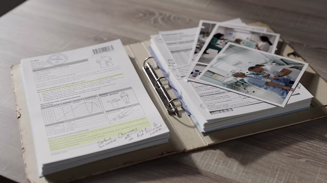 How to Choose a Pedestrian Accident Lawyer in Utah #3 The image shows a neatly organized folder containing various documents, including medical papers and photographs, placed on a table. This setup may be relevant for individuals involved in pedestrian accident cases, where detailed records are essential for pursuing a pedestrian accident claim or seeking compensation for injuries sustained.
