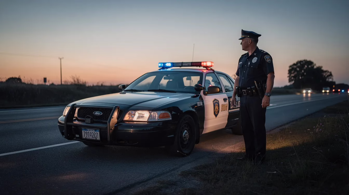 A police officer stands beside a patrol car on a roadside at dusk, ensuring public safety and ready to respond to any emergencies. The scene captures the officer's vigilance in monitoring traffic and potential incidents, highlighting the importance of being aware while driving.