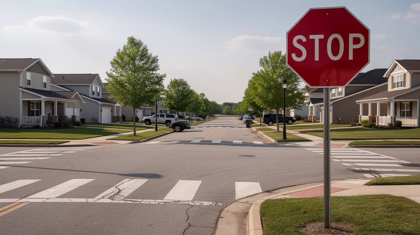 The image depicts a quiet residential street intersection featuring a stop sign and clear crosswalk markings, emphasizing the importance of public safety for pedestrians and drivers alike. It serves as a reminder for individuals to be aware of their surroundings and report any dangerous driving incidents to the police department to help save lives.