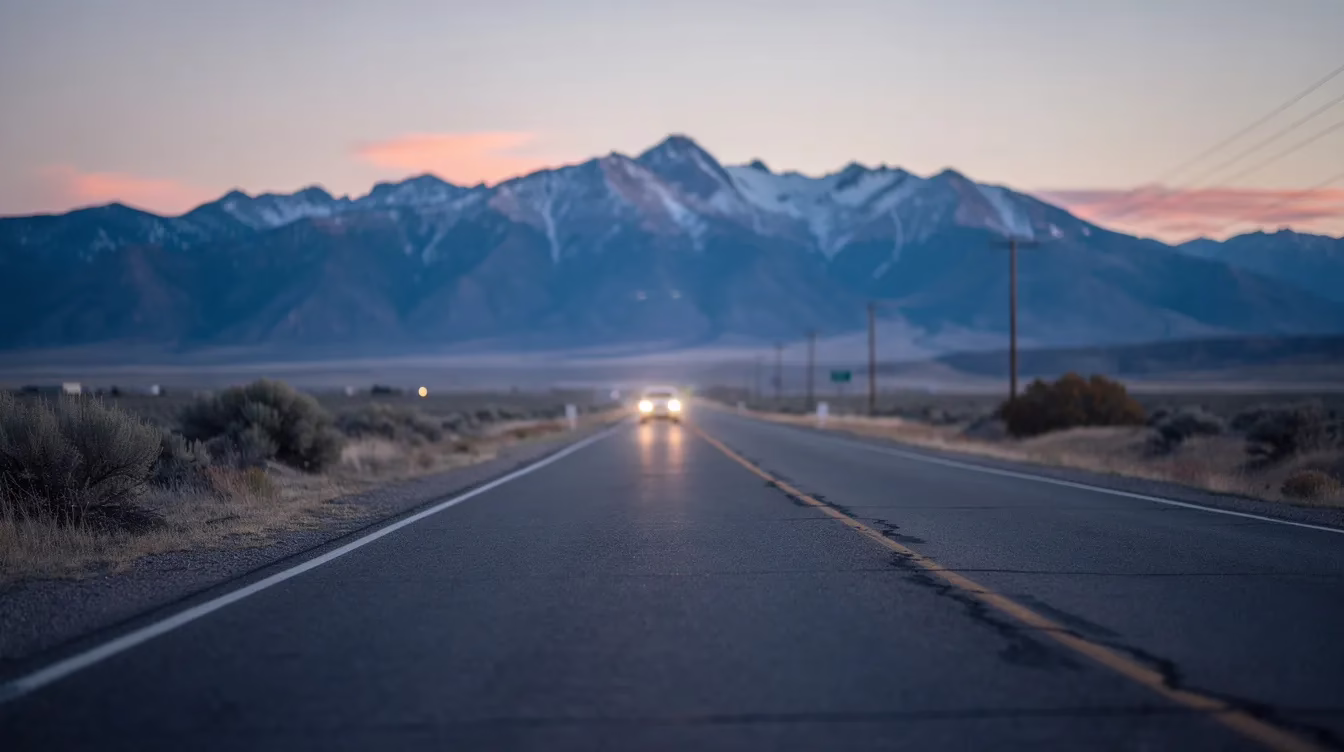 The image depicts a tranquil Utah County road at dusk, with soft mountain silhouettes in the background and the headlights of an approaching car illuminating the scene. This peaceful setting contrasts with the potential dangers of car accidents, highlighting the importance of experienced car accident lawyers in Orem for those affected by such incidents.
