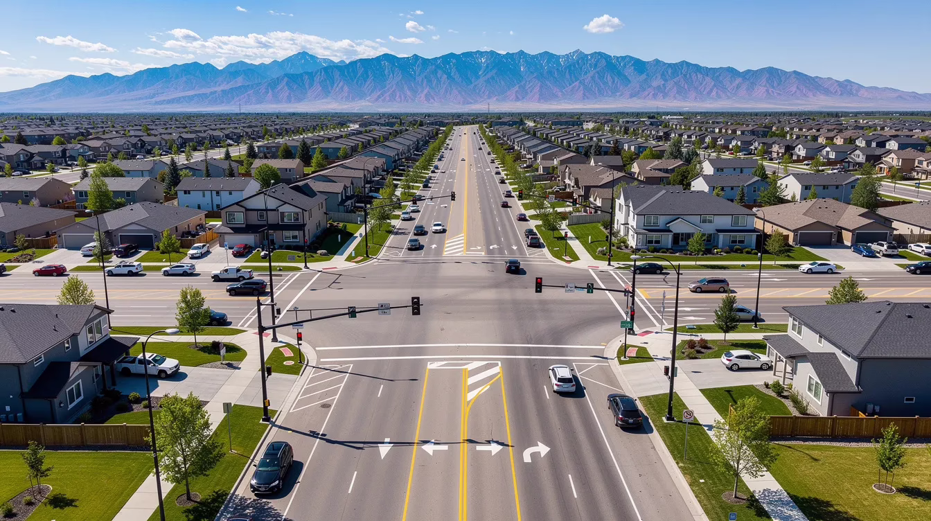 An aerial view captures a wide suburban road intersection, with mountains in the background, illustrating a typical scene where car accidents can occur. This image highlights the importance of having an experienced car accident lawyer in Orem to navigate the complexities of personal injury claims and insurance companies.