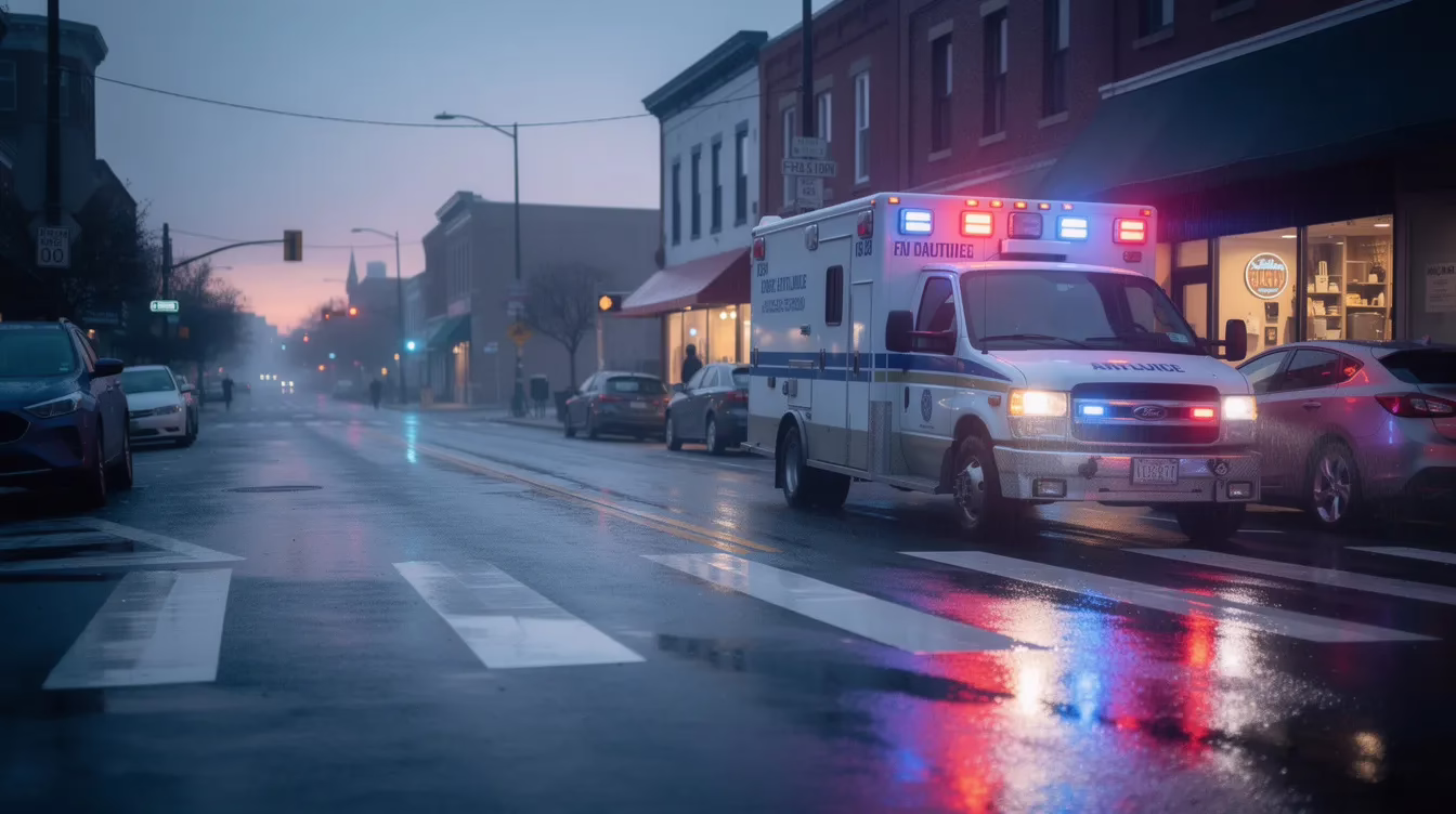 Pedestrian Hit by Car in Utah- What to Do #1 The image depicts a crosswalk on a quiet city street at dusk, with an ambulance parked nearby. Emergency lights reflect off the wet pavement, suggesting a recent pedestrian accident that may have involved serious injuries, prompting immediate medical attention and a police report.